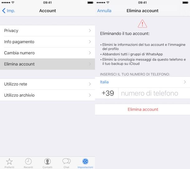 Eliminare account WhatsApp