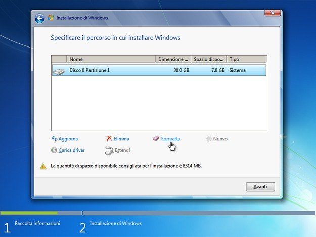 Screenshot della procedura di installazione di Windows 7