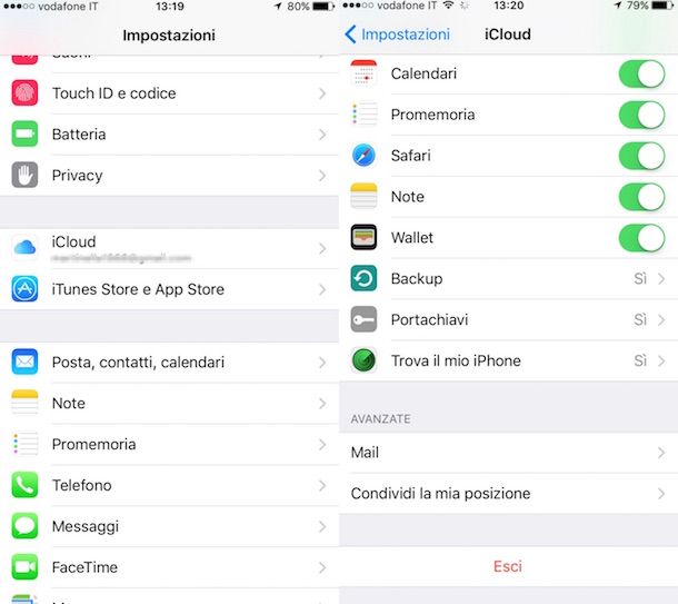 Screenshot dell impostazioni di iOS