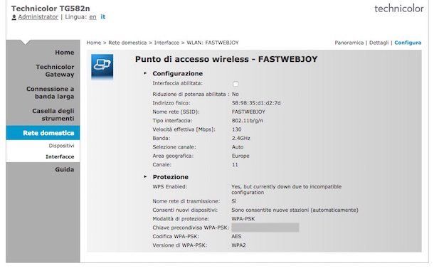 Pannello di amministrazione modem Technicolor di Fastweb