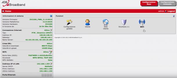 Pannello di amministrazione modem ADB di Fastweb
