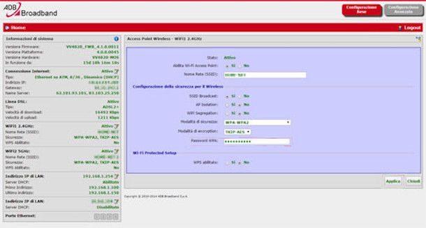 Pannello di amministrazione modem Fibra TOP di Fastweb