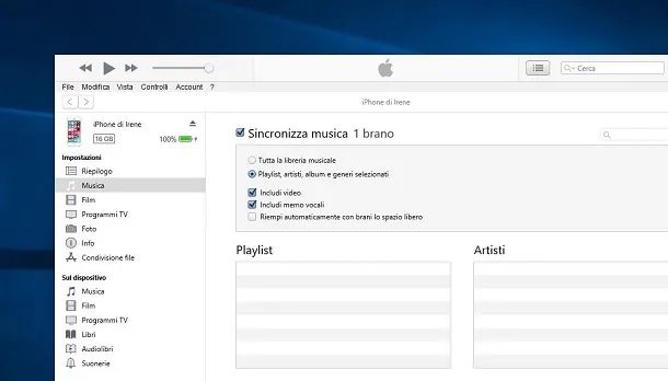 Sincronizzazione elementi tra iTunes per Windows e iPhone