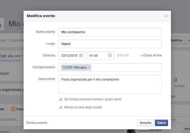 Screenshot creazione evento Facebook