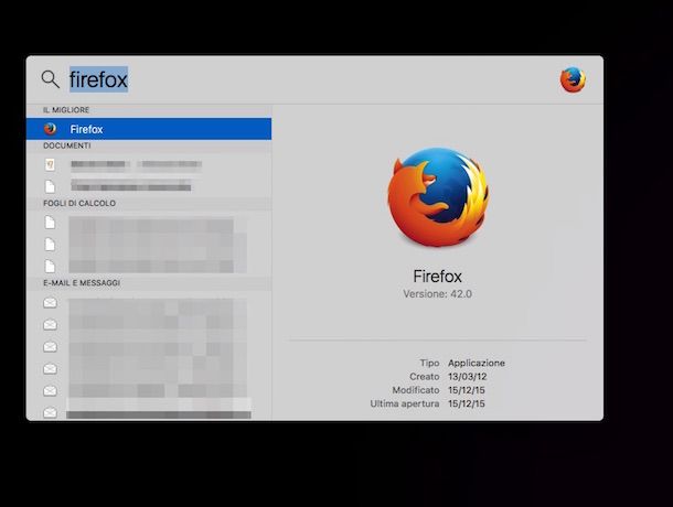 Screenshot dell'icona di Firefox in Spotlight su Mac