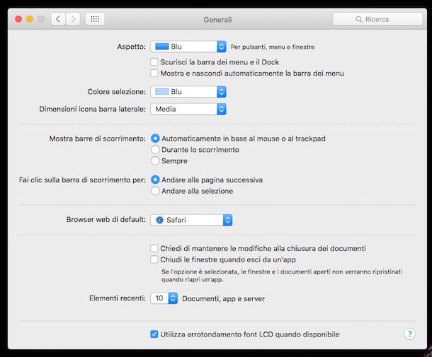 Screenshot di Preferenze di sistema Mac