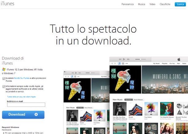 Screenshot della pagina di download di iTunes