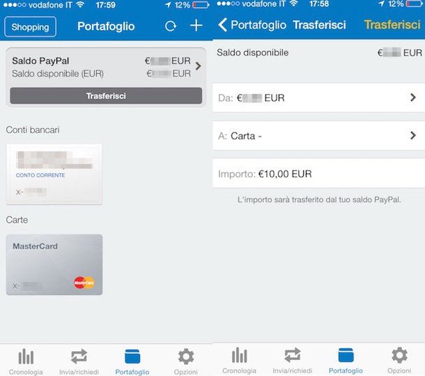 Screenshot dell'app PayPal