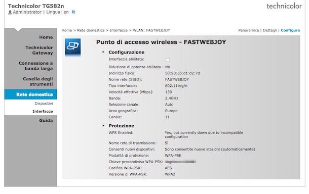 Screenshot dell'interfaccia del Technicolor Fastweb