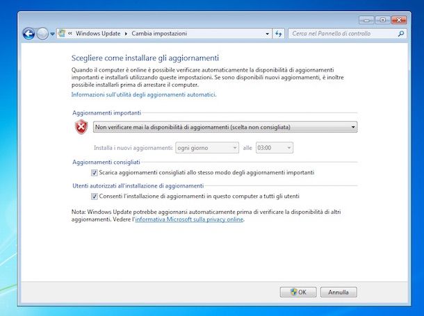 Screenshot aggiornamenti Windows