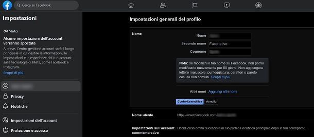 Come modificare nome Facebook