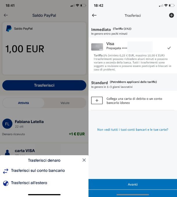 Trasferimento PayPal da app