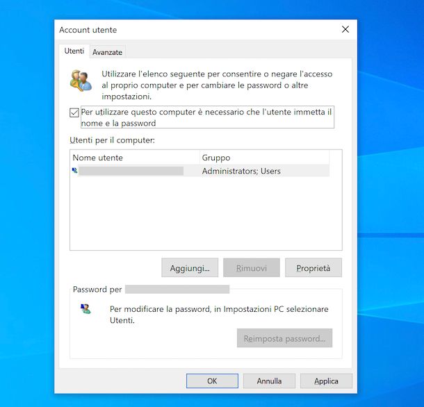 Impostare password account Microsoft Windows 10