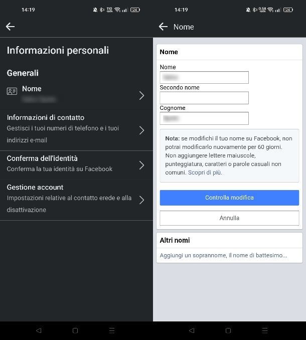 Come modificare nome Facebook