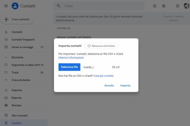 Importazione VCF su Gmail
