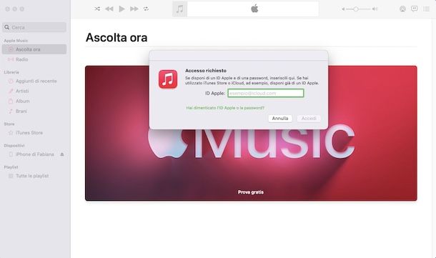 Accesso con l'ID Apple a Musica