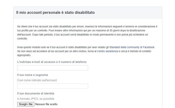 Come eliminare account Facebook bloccato