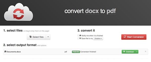 Screenshot che mostra come convertire DOCX in PDF