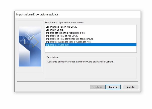 Outlook importazione VCF