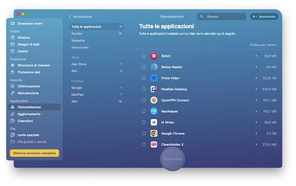 CleanMyMac X disinstallazione programmi