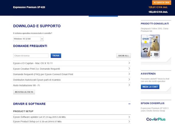 Screenshot della pagina Web per il download dei driver della stampante Epson XP 620