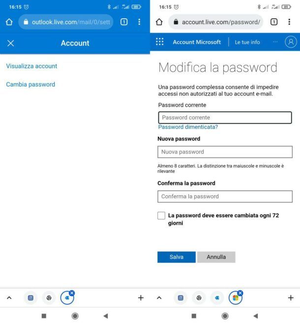 Cambiare password Outlook da mobile