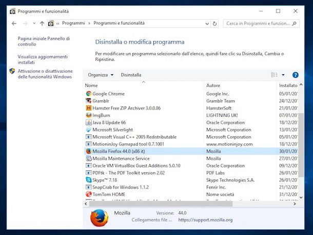 Screenshot che mostra come disinstallare Firefox su Windows