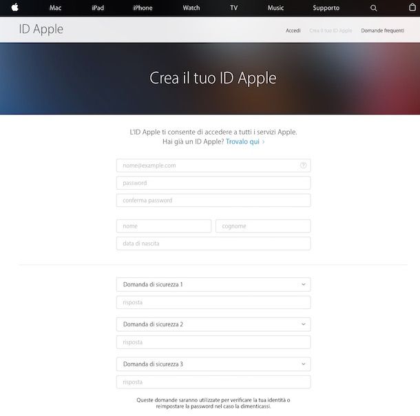 Screenshot che mostra come creare un ID Apple