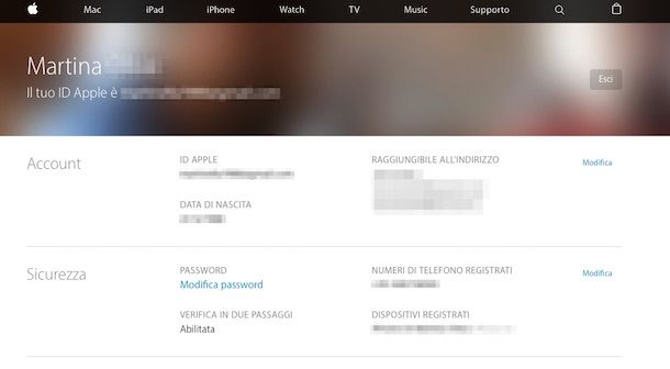 Screenshot del sito Internet Gestisci il tuo ID Apple