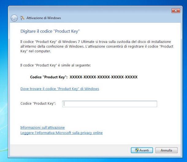 Screenshot che mostra come cambiare product key Windows 7