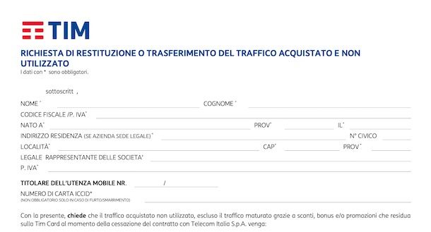 Modulo per recuperare credito TIM