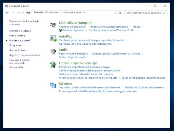 Screenshot del Pannello di controllo di Windows 10