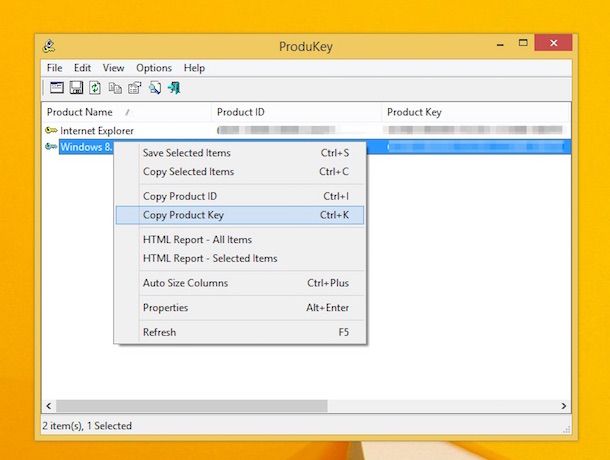 Screenshot che mostra come trovare Product Key Windows 8.1 