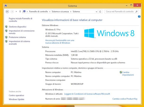 Screenshot che mostra come trovare Product Key Windows 8.1 