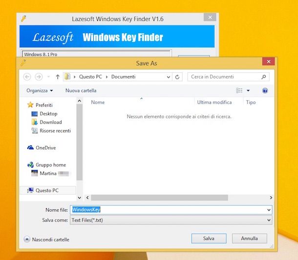 Screenshot che mostra come trovare Product Key Windows 8.1 