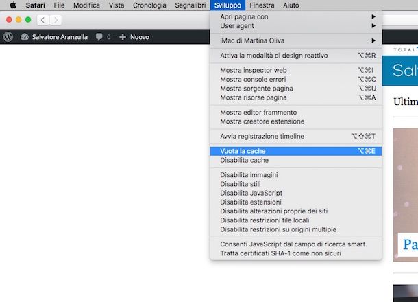 Screenshot che mostra come svuotare la cache di Safari su Mac