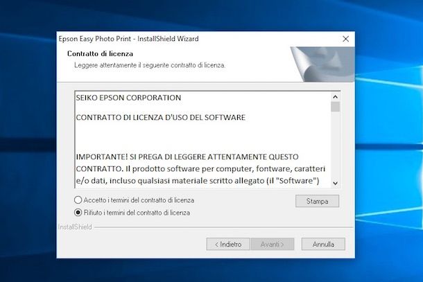 Screenshot che mostra la procedura di installazione del software Epson