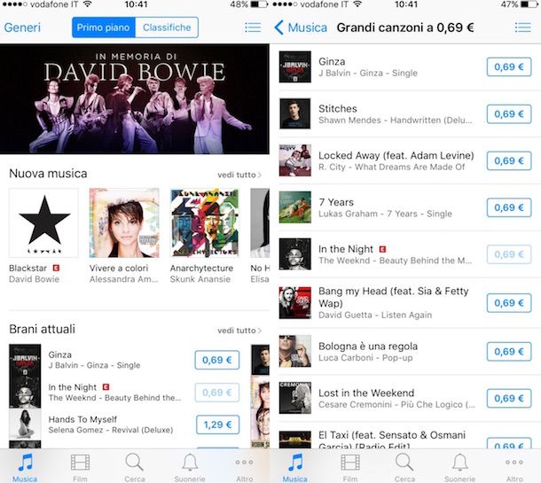 Screenshot di iTunes Store su iPhone