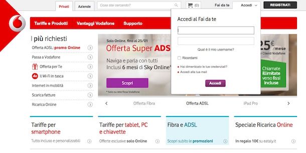 Screenshot del sito Internet di Vodafone