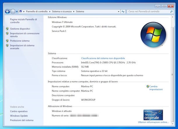 Screenshot che mostra come cambiare product key Windows 7