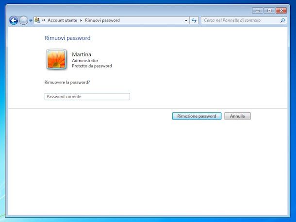 Screenshot che mostra come rimuovere la password da un account utente su Windows 7