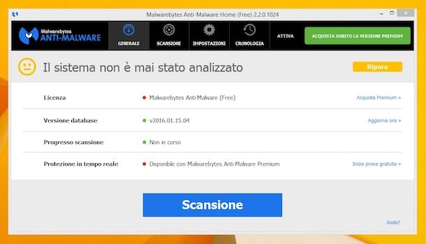 Screenshot di Malwarebytes Anti-Malware