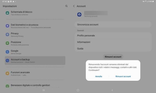 Come eliminare account Samsung dal cellulare