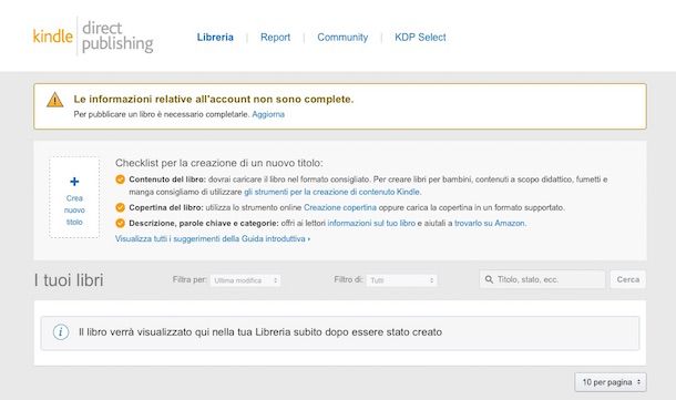 Screenshot che mostra come pubblicare su Amazon