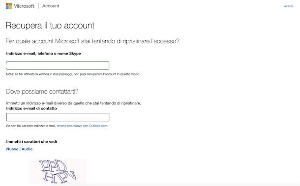 Recupero alternativo account Microsoft