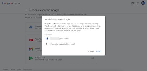 Togliere Gmail da account Google