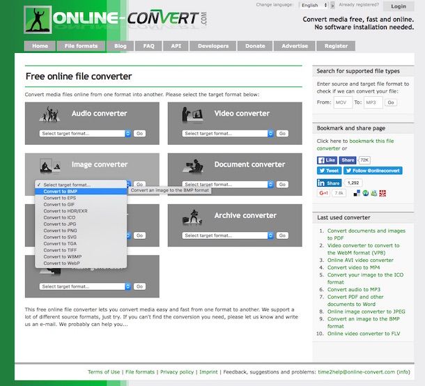 Screenshot servizio online per cambiare formato foto