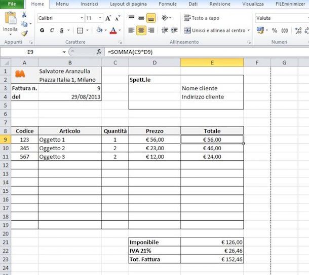 Screenshot di Microsoft Excel
