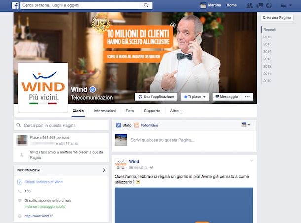 Screenshot pagina Facebook Wind