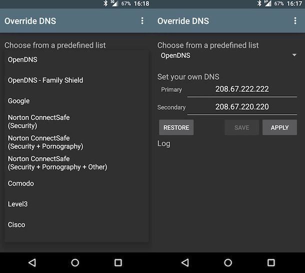 Screenshot che mostra come impostare DNS su Android